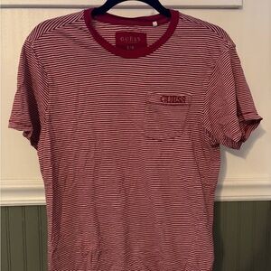 GUESS Red and White Striped Pocket Tee - Men's
